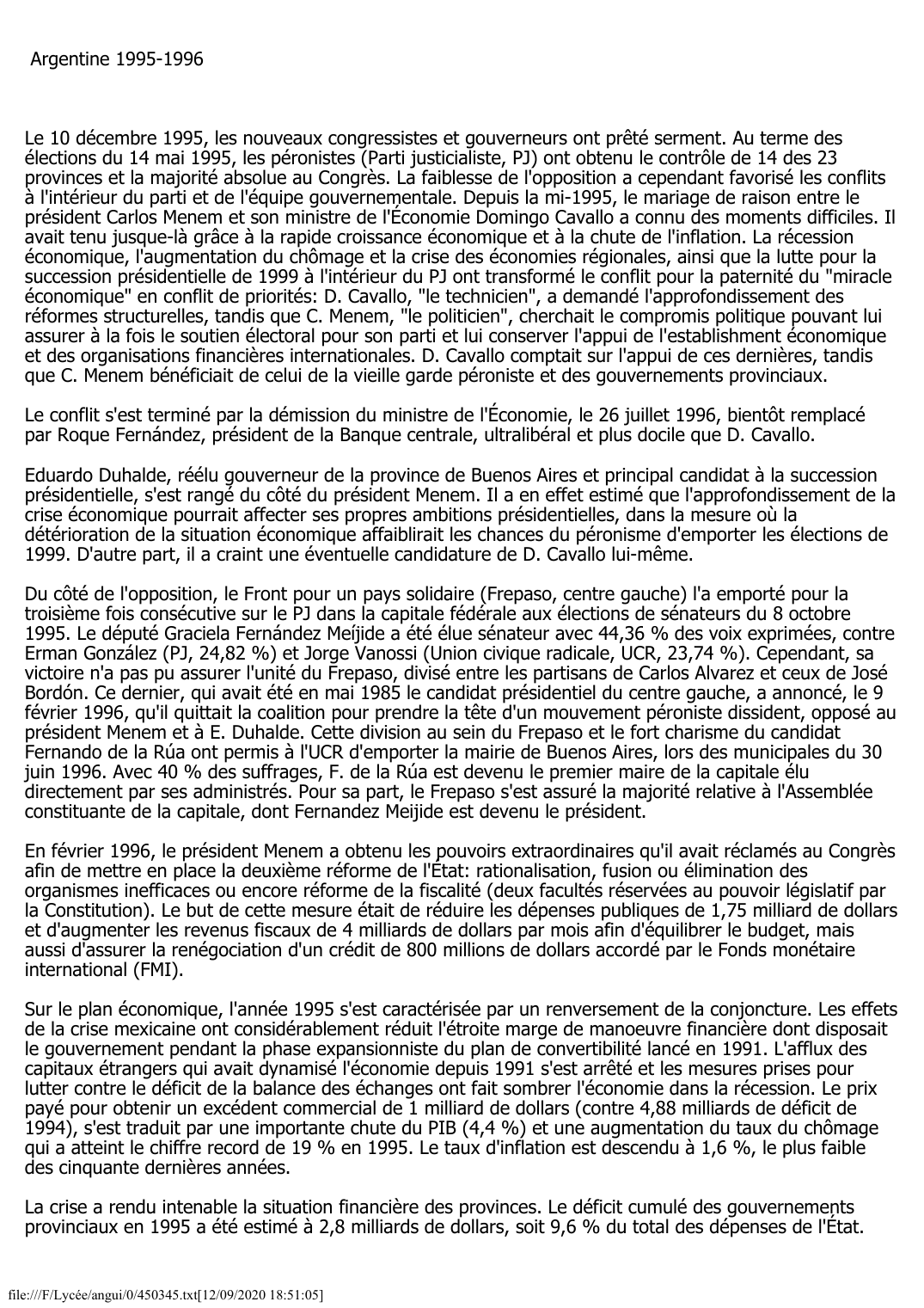 Prévisualisation du document Argentine (1995-1996)
