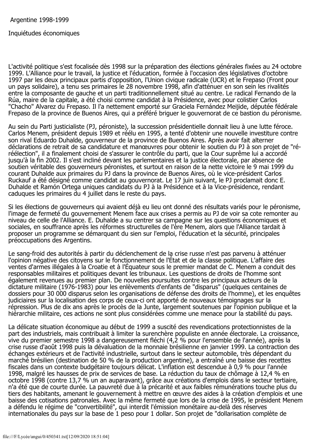 Prévisualisation du document Argentine (1998-1999):  Inquiétudes économiques