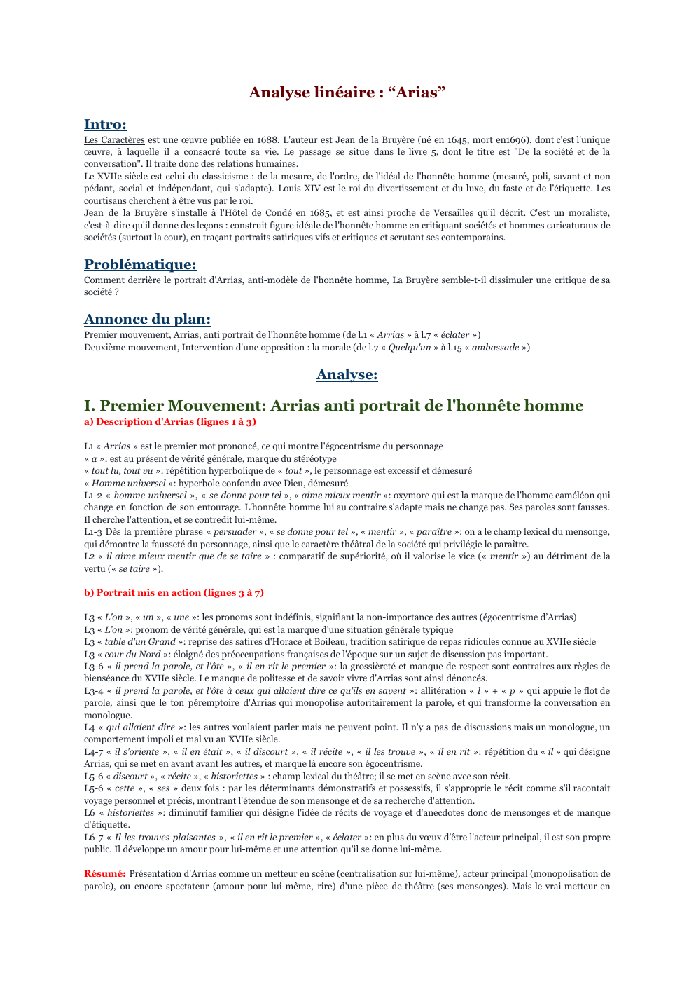 Prévisualisation du document Arias analyse linéaire Les Caractères