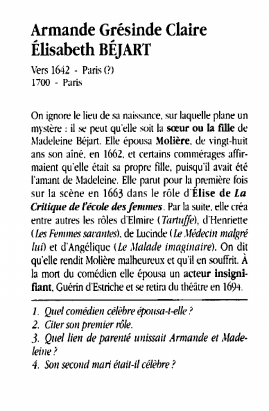 Prévisualisation du document Armande Grésinde ClaireÉlisabeth BÉJARTVers 1642 - Paris (?
