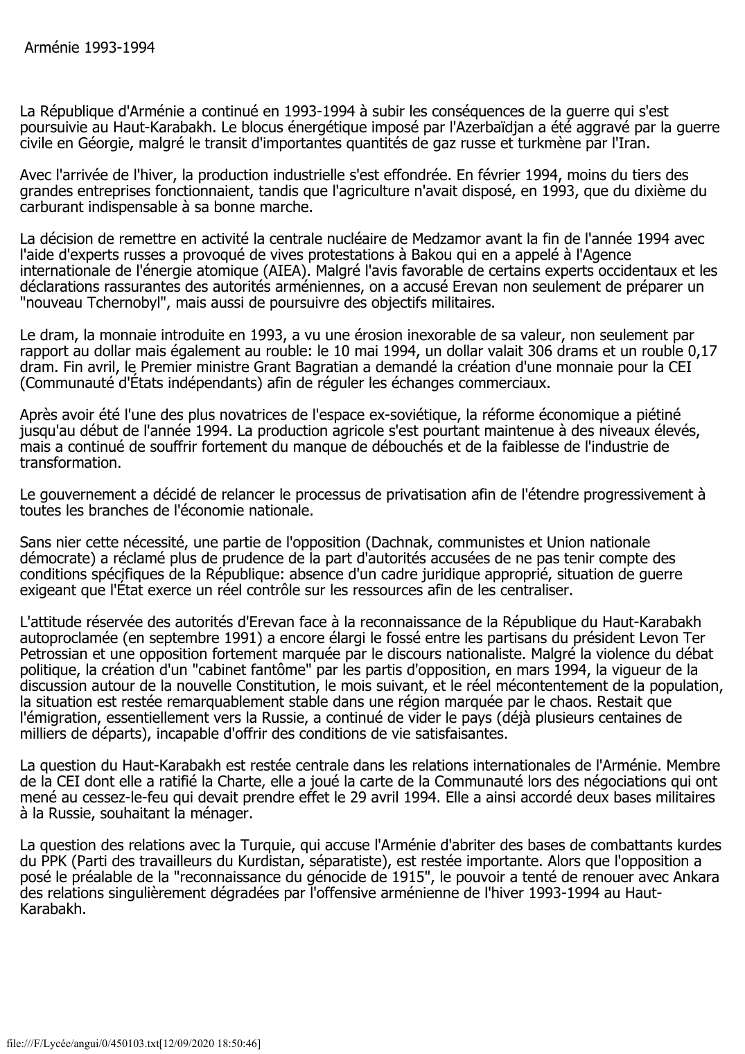 Prévisualisation du document Arménie (1993-1994)