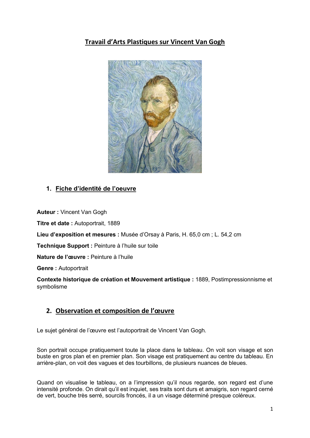 Prévisualisation du document art plastique van Gogh: Autoportrait, 1889