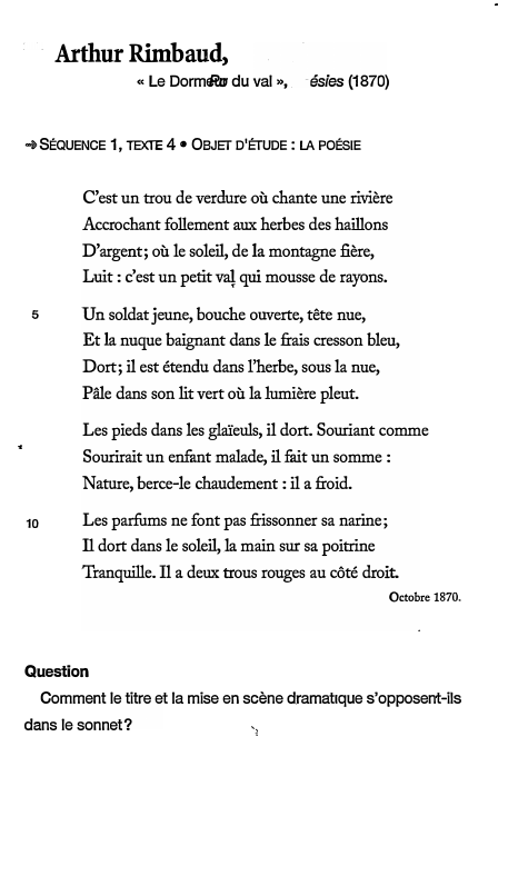 Prévisualisation du document Arthur Rimbaud,

« Le Dormeur
Po du val »,

ésies (1870)

1

➔ SÉQUENCE 1, TEXTE 4 • OBJET D...