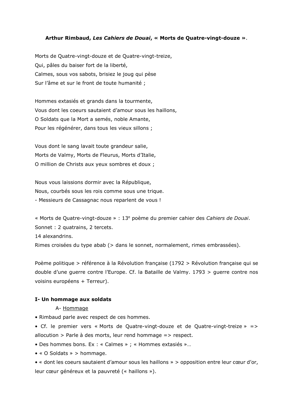 Prévisualisation du document Arthur Rimbaud, Les Cahiers de Douai, « Morts de Quatre-vingt-douze ».
Morts de Quatre-vingt-douze et de Quatre-vingt-treize,
Qui, pâles du...