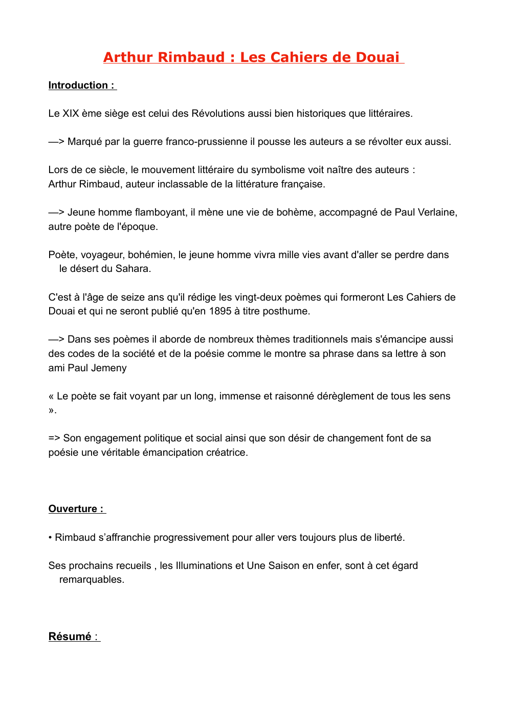 Prévisualisation du document Arthur Rimbaud : Les Cahiers de Douai