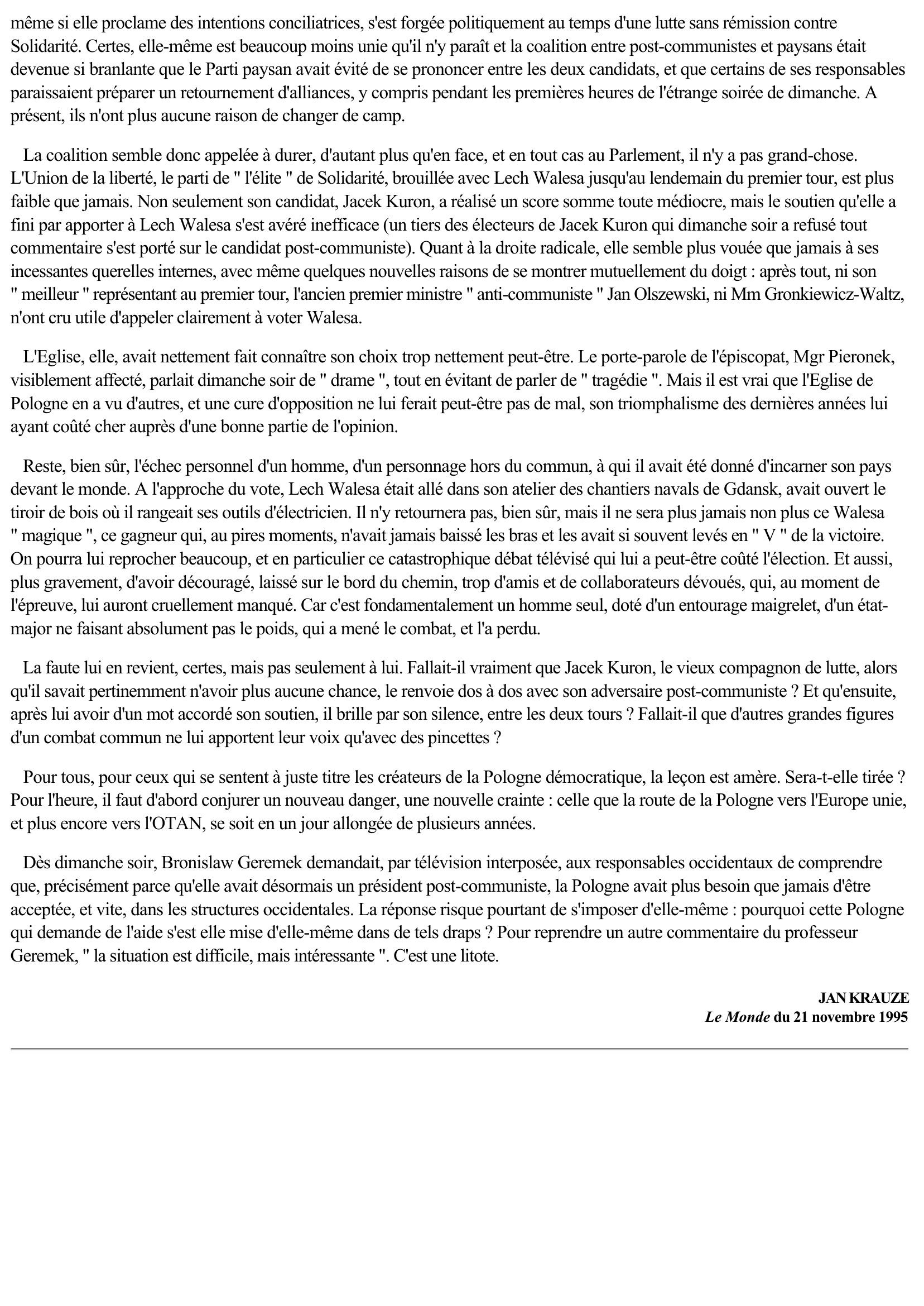 Prévisualisation du document ARTICLE DE PRESSE: La défaite de Lech Walesa