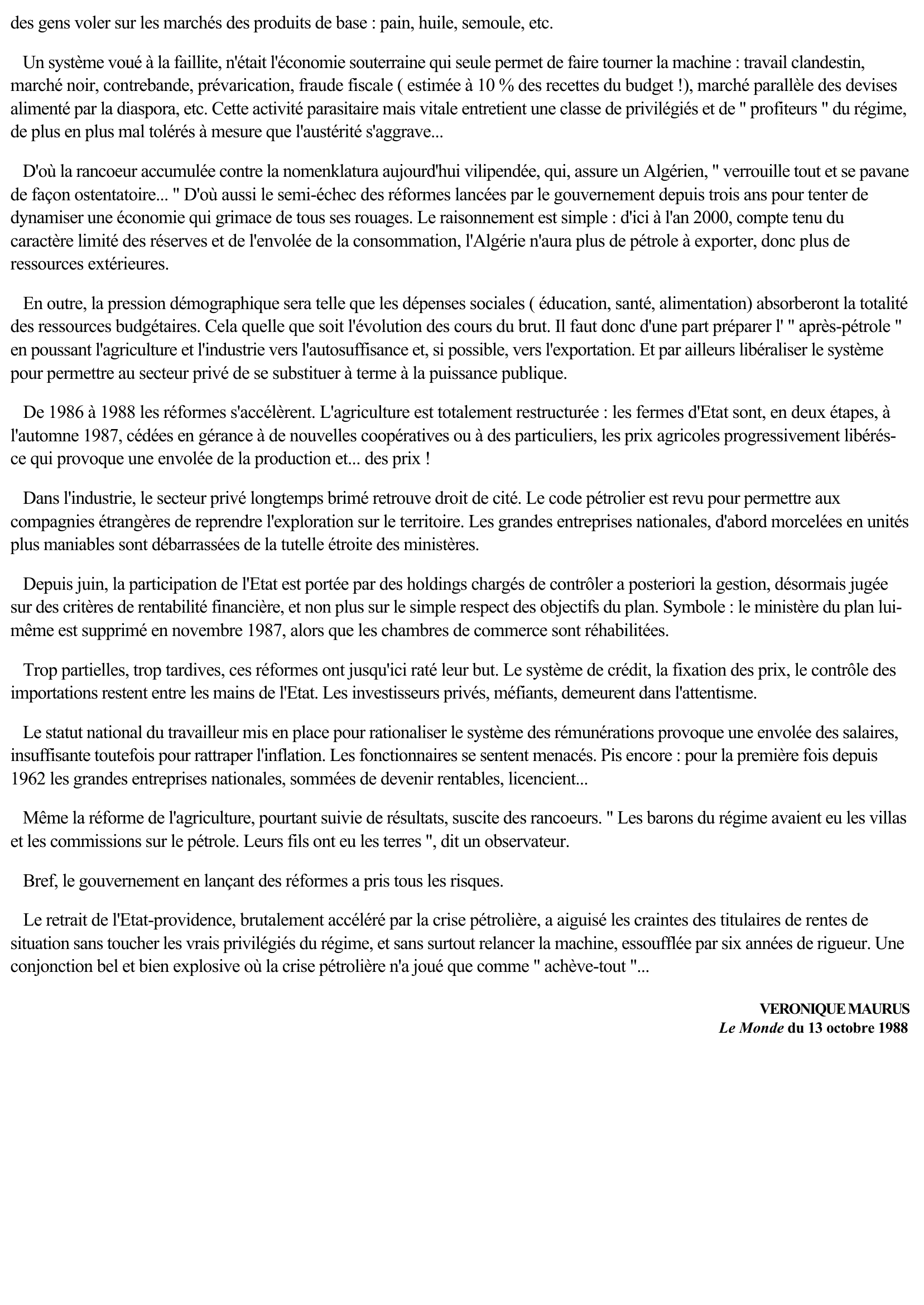 Prévisualisation du document Article de presse: L'effondrement du socialisme algérien
