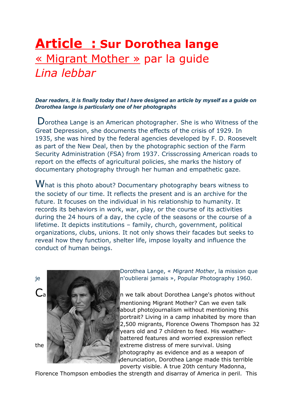 Prévisualisation du document Article : Sur Dorothea lange « Migrant Mother » par la guide