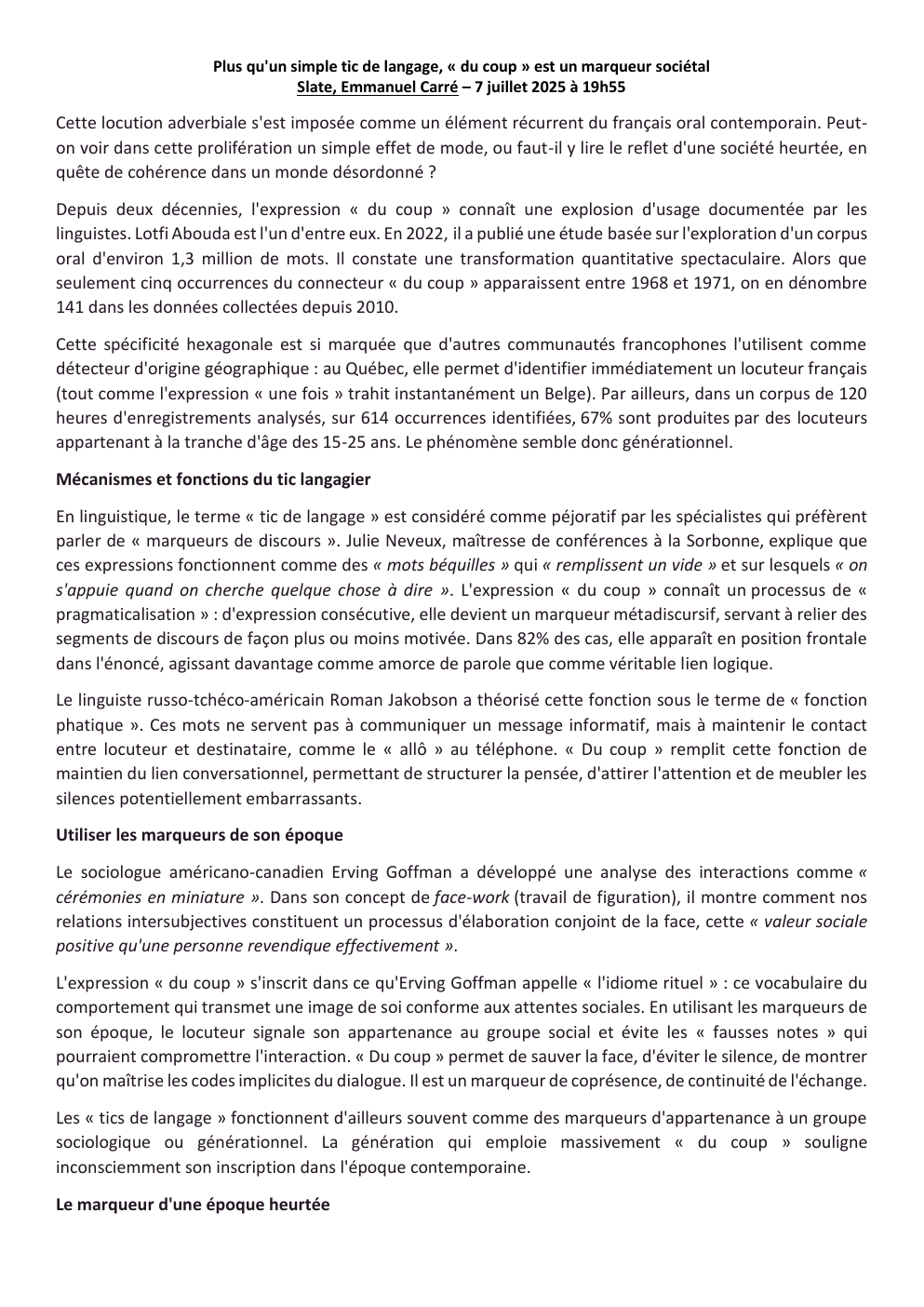 Prévisualisation du document article sur "du coup"