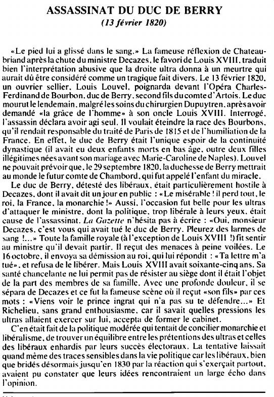 Prévisualisation du document ASSASSINAT DU DUC DE BERRY(13 février 1820) - HISTOIRE.