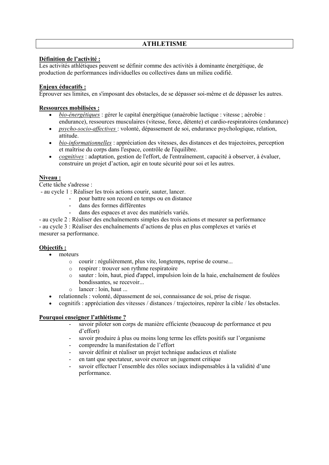 Prévisualisation du document ATHLETISMEDéfinition de l'activité :Les activités athlétiques peuvent se définir comme des activités à dominante énergétique, deproduction de performances individuelles ou collectives dans un milieu codifié.