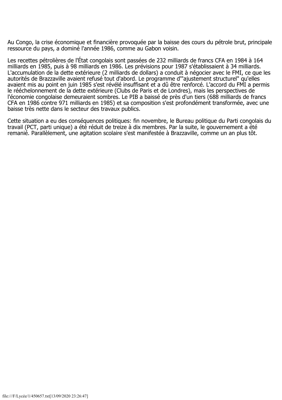 Prévisualisation du document Au Congo, la crise économique et financière provoquée par la baisse des cours du pétrole brut, principale
ressource du pays,...