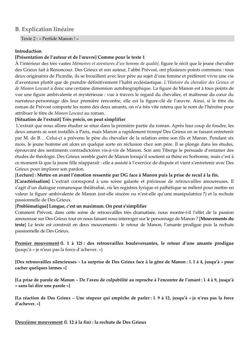 Prévisualisation du document B. Explication linéaire Texte 2 : « Perfide Manon ! »