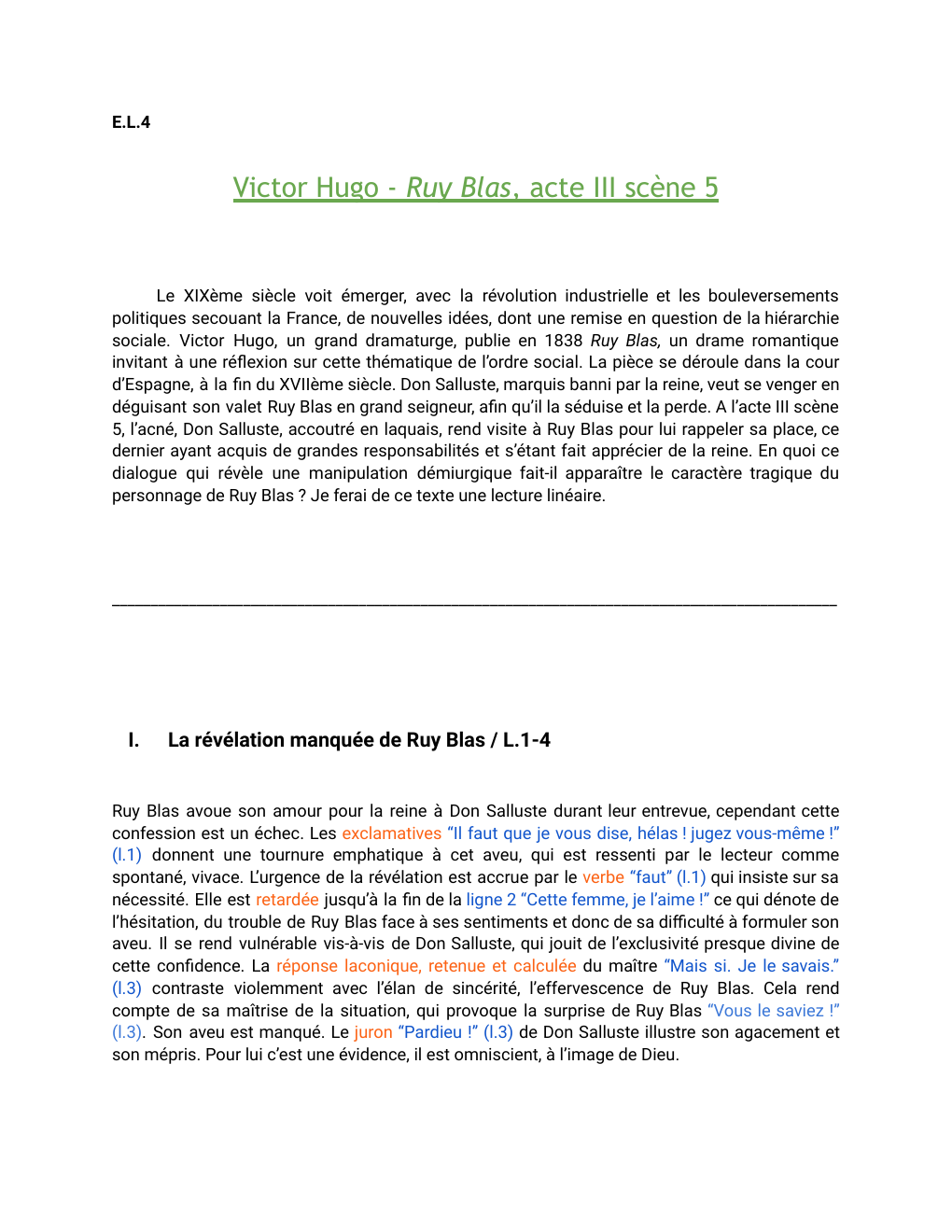Prévisualisation du document Bac de français explication linéaire Ruy blas - E.L.4  Victor Hugo - Ruy Blas, acte III scène 5