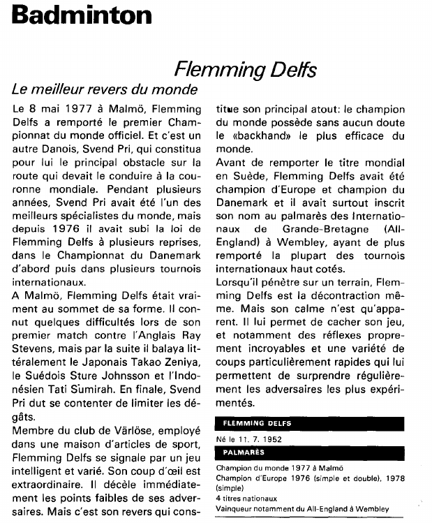Prévisualisation du document Badminton:Flemming Deffs (sport).