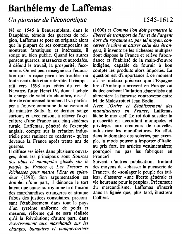Prévisualisation du document Barthélemy de LaffemasUn pionnier de l'économique.