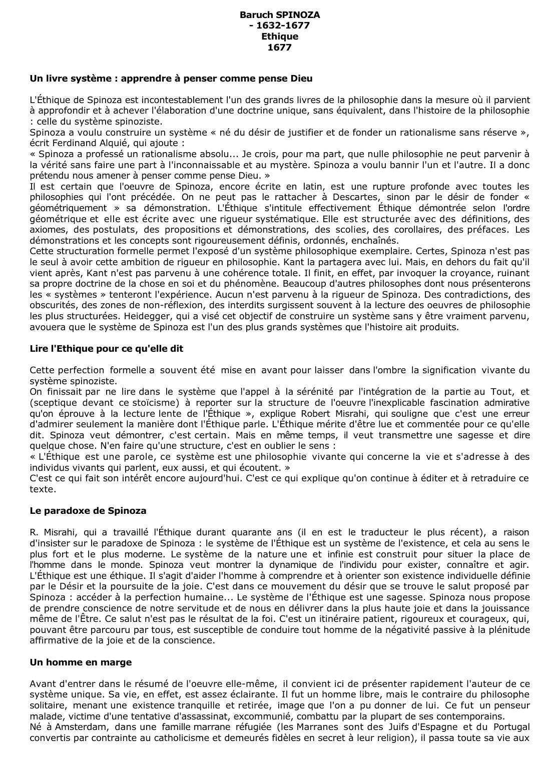 Prévisualisation du document BARUCH SPINOZA : ETHIQUE (Résumé & Analyse)