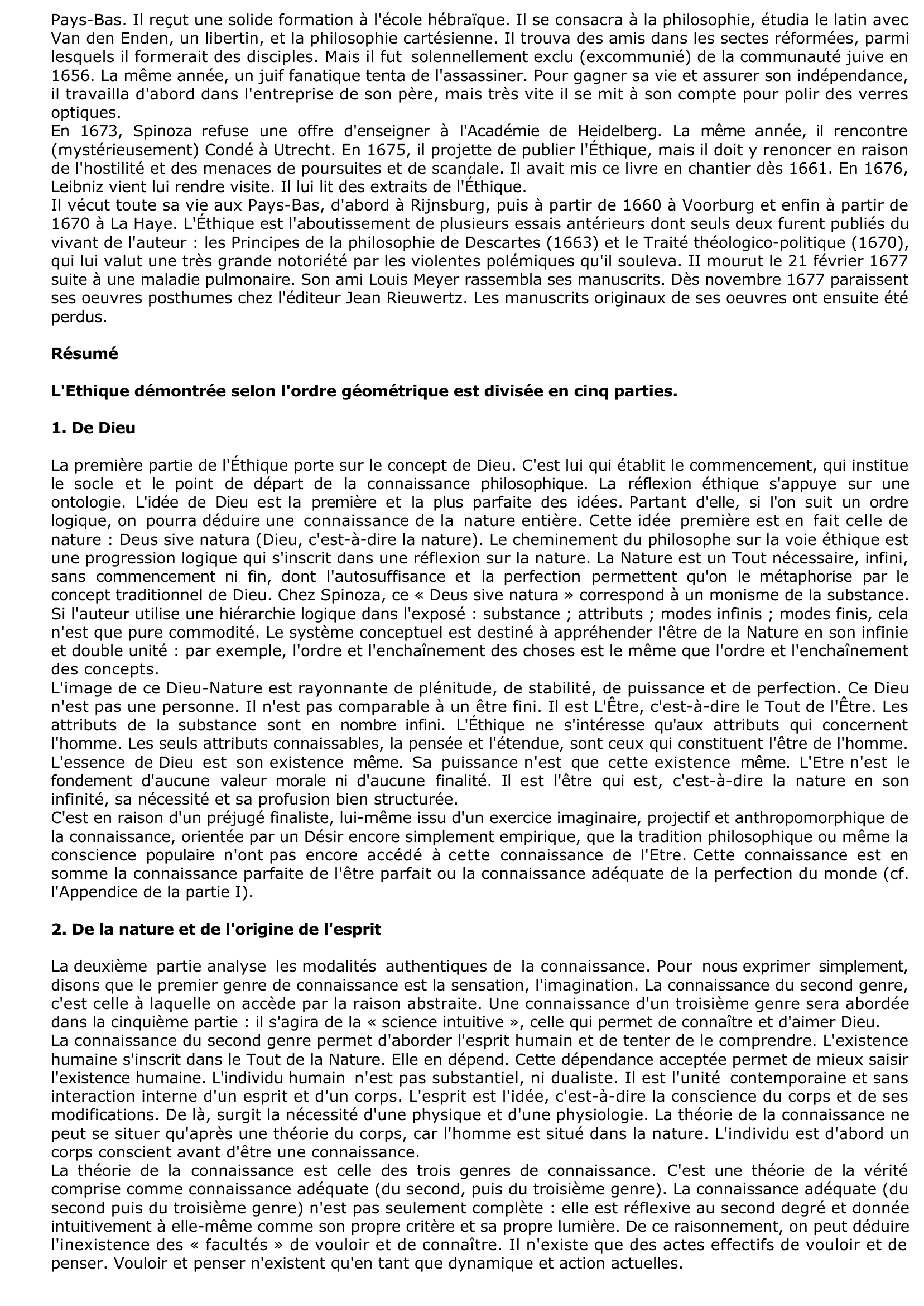Prévisualisation du document 	BARUCH SPINOZA : ETHIQUE (Résumé & Analyse)