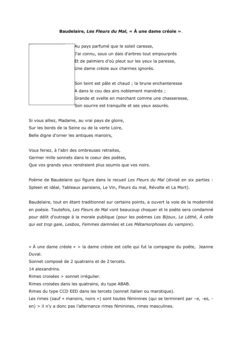 Prévisualisation du document Baudelaire, Les Fleurs du Mal, « À une dame créole ».

Impossible d'afficher l'image liée. Le fichier a peut-être été...