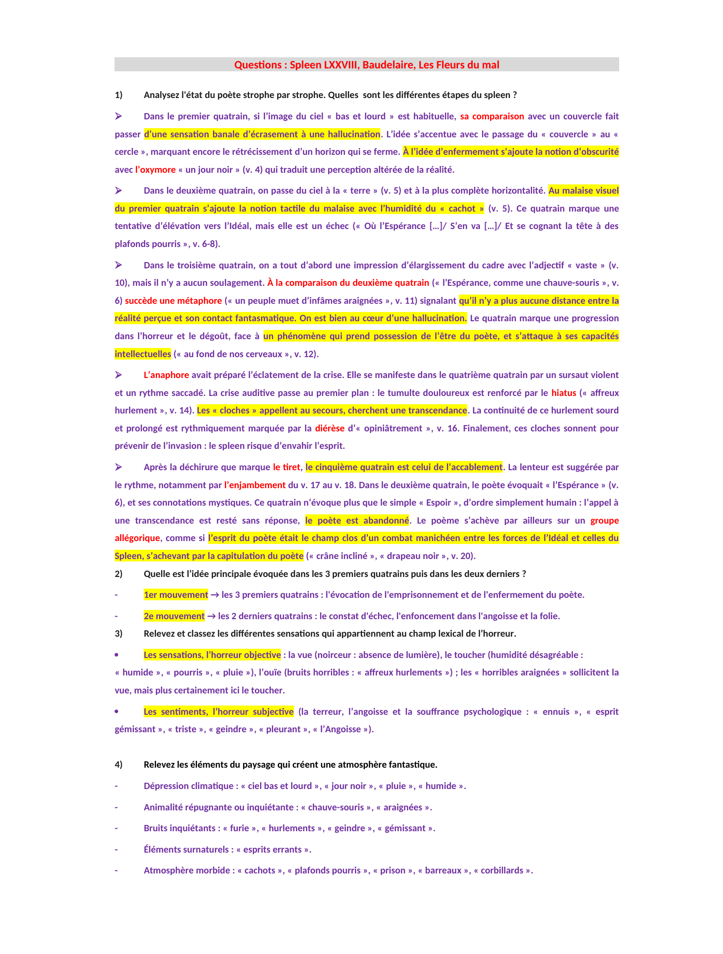 Prévisualisation du document Baudelaire Questions : Spleen LXXVIII, Baudelaire, Les Fleurs du mal