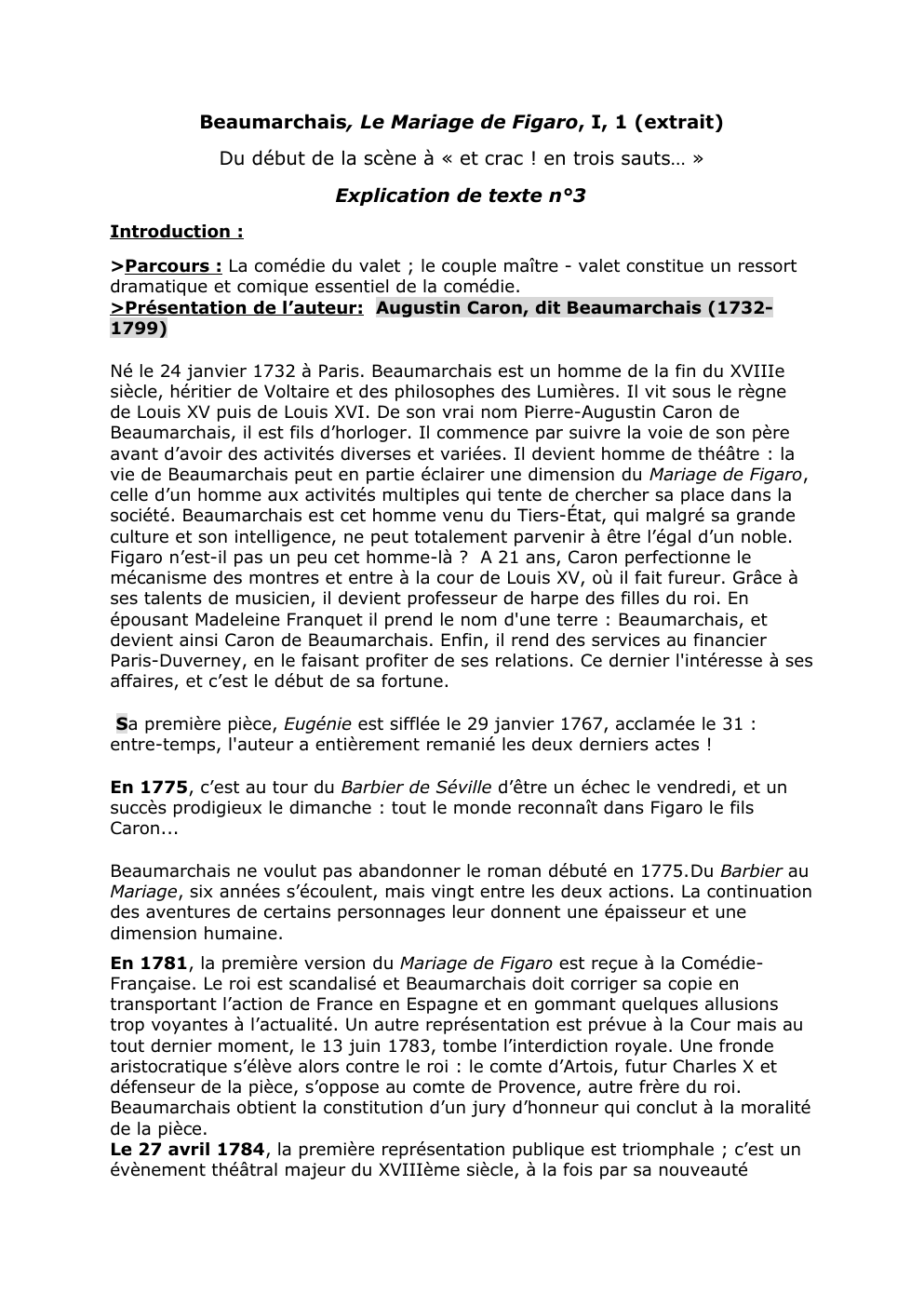 Prévisualisation du document Beaumarchais, Le Mariage de Figaro, I, 1 (extrait) Du début de la scène à « et crac ! en trois sauts… » Explication de texte n°3