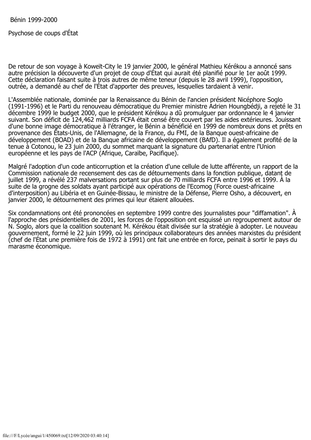 Prévisualisation du document Bénin (1999-2000): Psychose de coups d'État