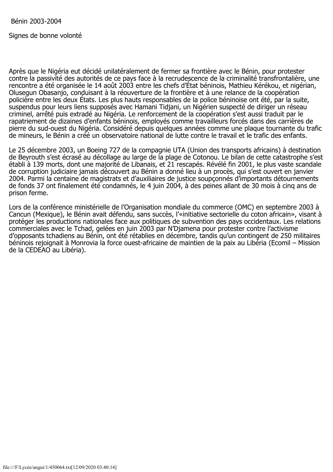 Prévisualisation du document Bénin (2003-2004): Signes de bonne volonté
