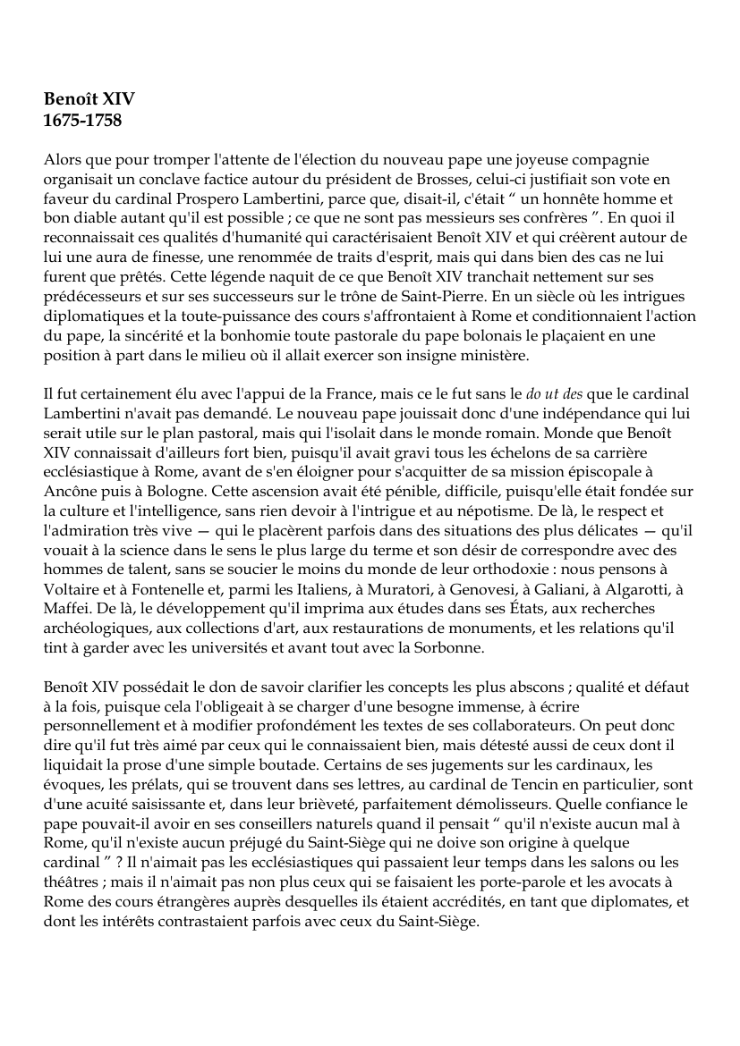 Prévisualisation du document Benoît XIV (1675-1758) Alors que pour tromper l'attente de l'élection du nouveau