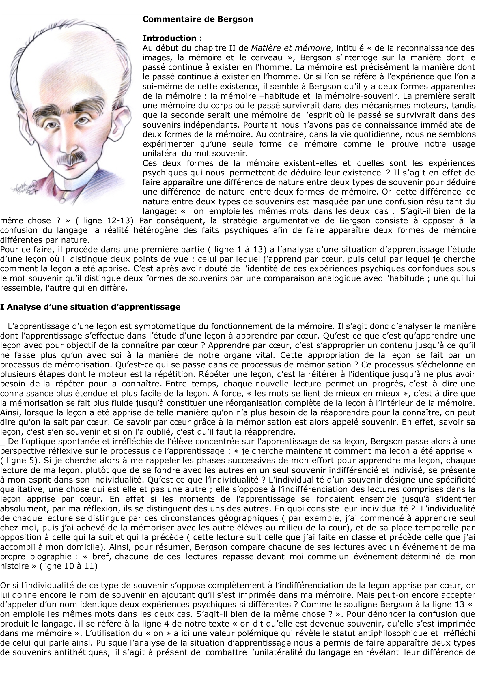 Prévisualisation du document Bergson: J'étudie une leçon, et pour l'apprendre par coeur