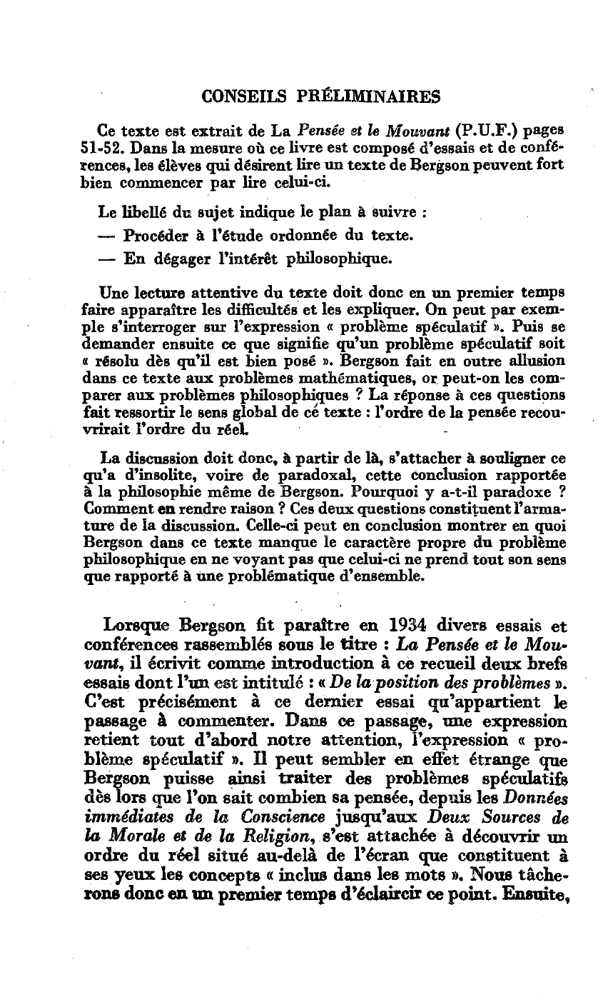 Prévisualisation du document BERGSON.  La Pensée et le Mouvant (P.U.F.). Commentaire