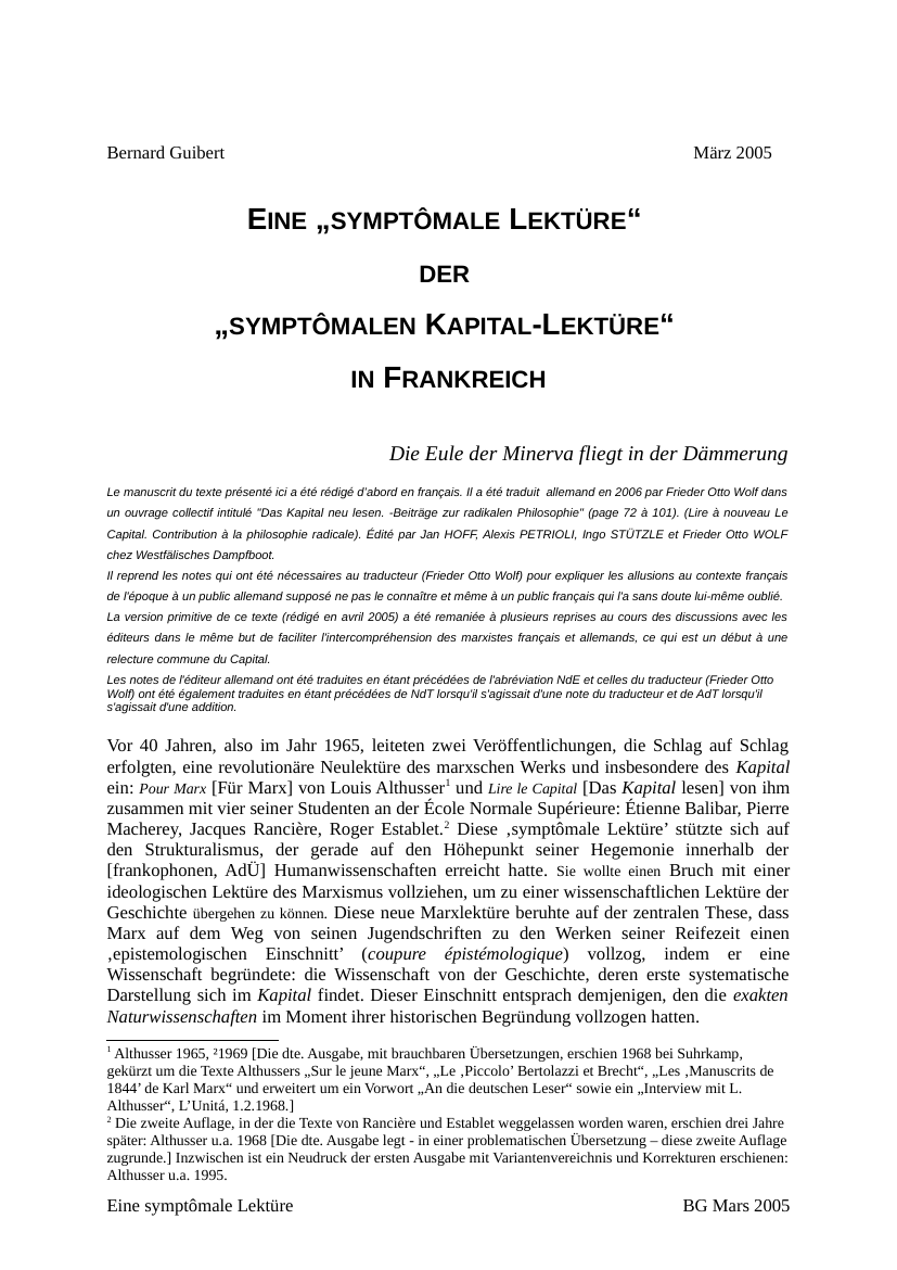 Prévisualisation du document Bernard Guibert März 2005Eine "symptômale Lektüre"
