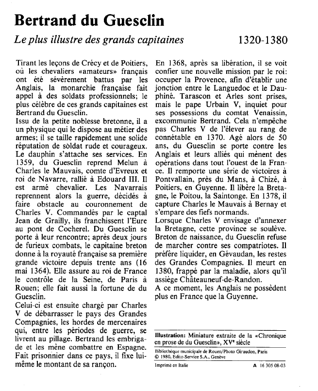 Prévisualisation du document Bertrand du GuesclinLe plus illustre des grands capitaines.