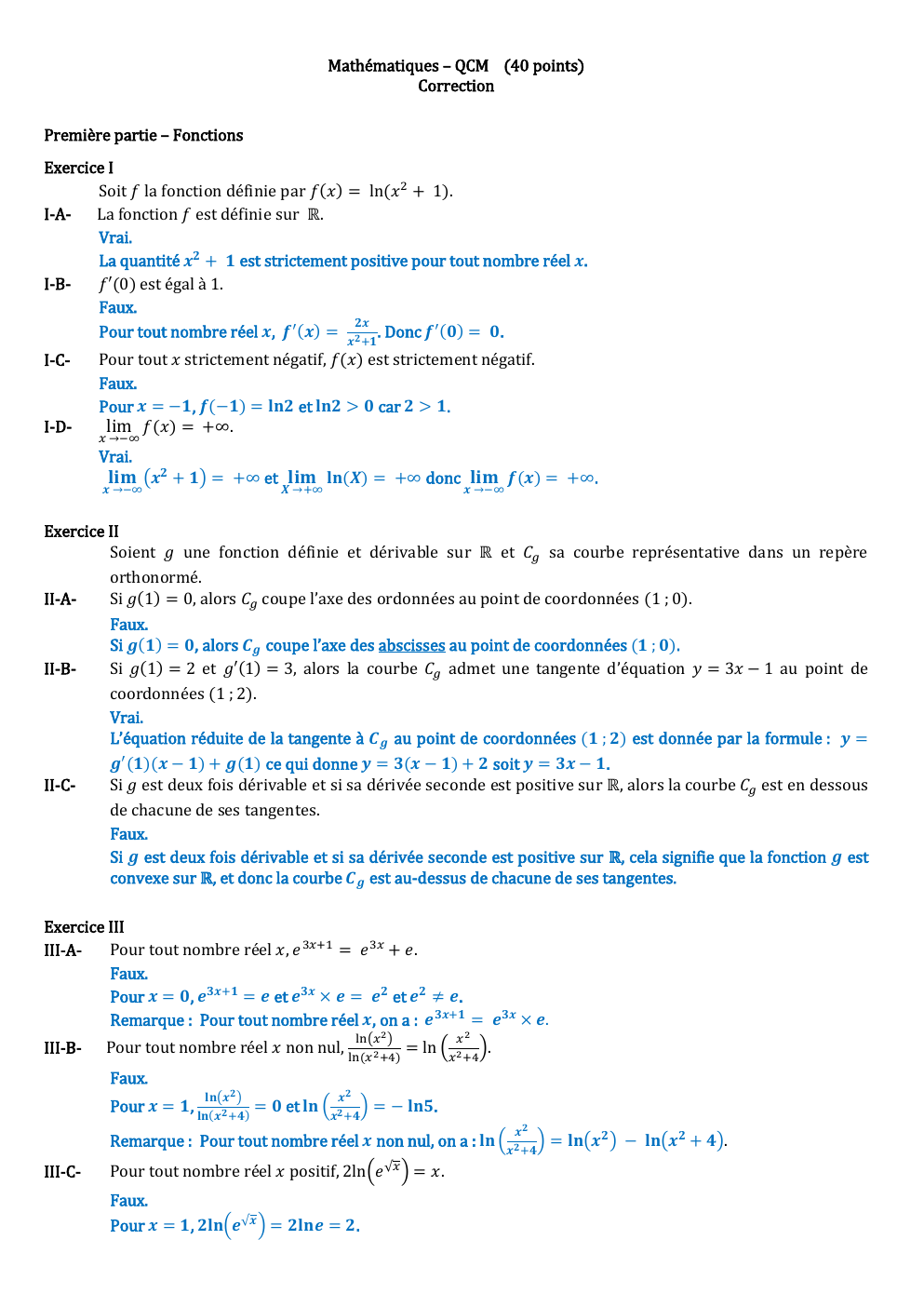 Prévisualisation du document Bilan enseignement scientifique: Mathématiques – QCM (40 points) Correction
