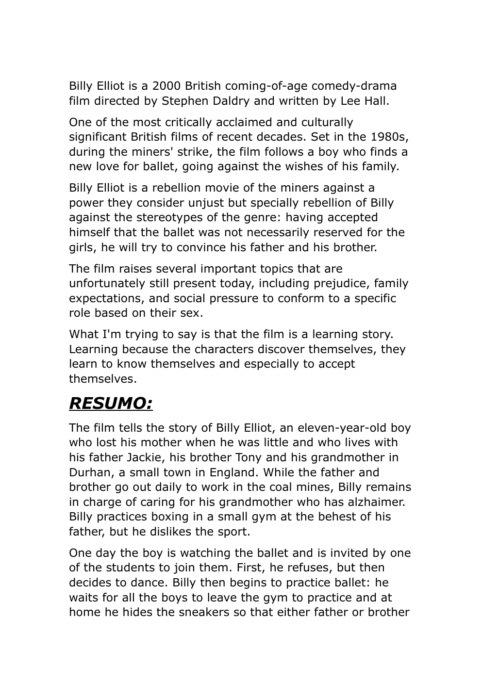 Prévisualisation du document Billy Elliot résumé