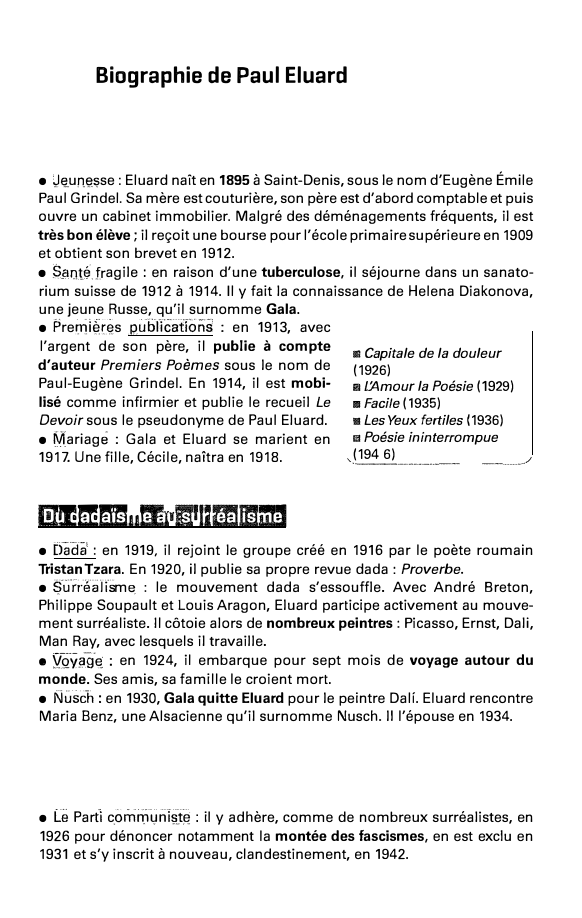 Prévisualisation du document Biographie de Paul Eluard

• J�un§sse: Eluard naît en 1895 à Saint-Denis, sous le nom d'Eugène Émile
Paul Grindel. Sa...