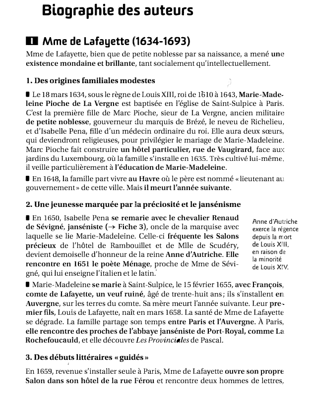 Prévisualisation du document Biographie des auteurs
D Mme de Lafayette (1634-1693)

Mme de Lafayette, bien que de petite noblesse par sa naissance, a...