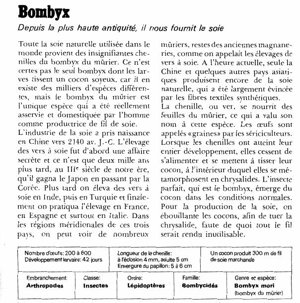 Prévisualisation du document BombyxDepuis la plus haute antiquité, il nous fournit la soie.