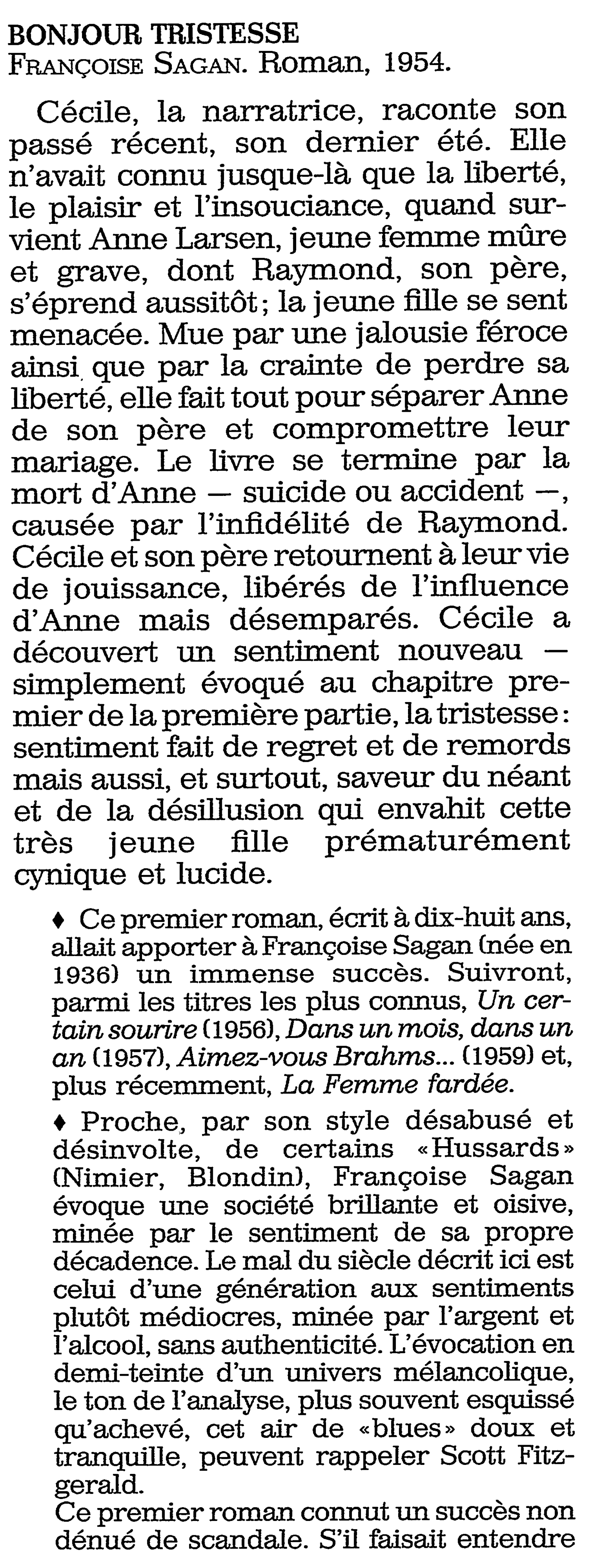 Prévisualisation du document Bonjour TRISTESSE de Françoise Sagan (fiche de lecture et critique)