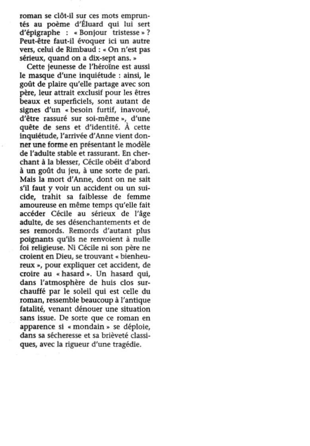 Prévisualisation du document Bonjour TRISTESSE de Françoise Sagan (fiche de lecture et critique)