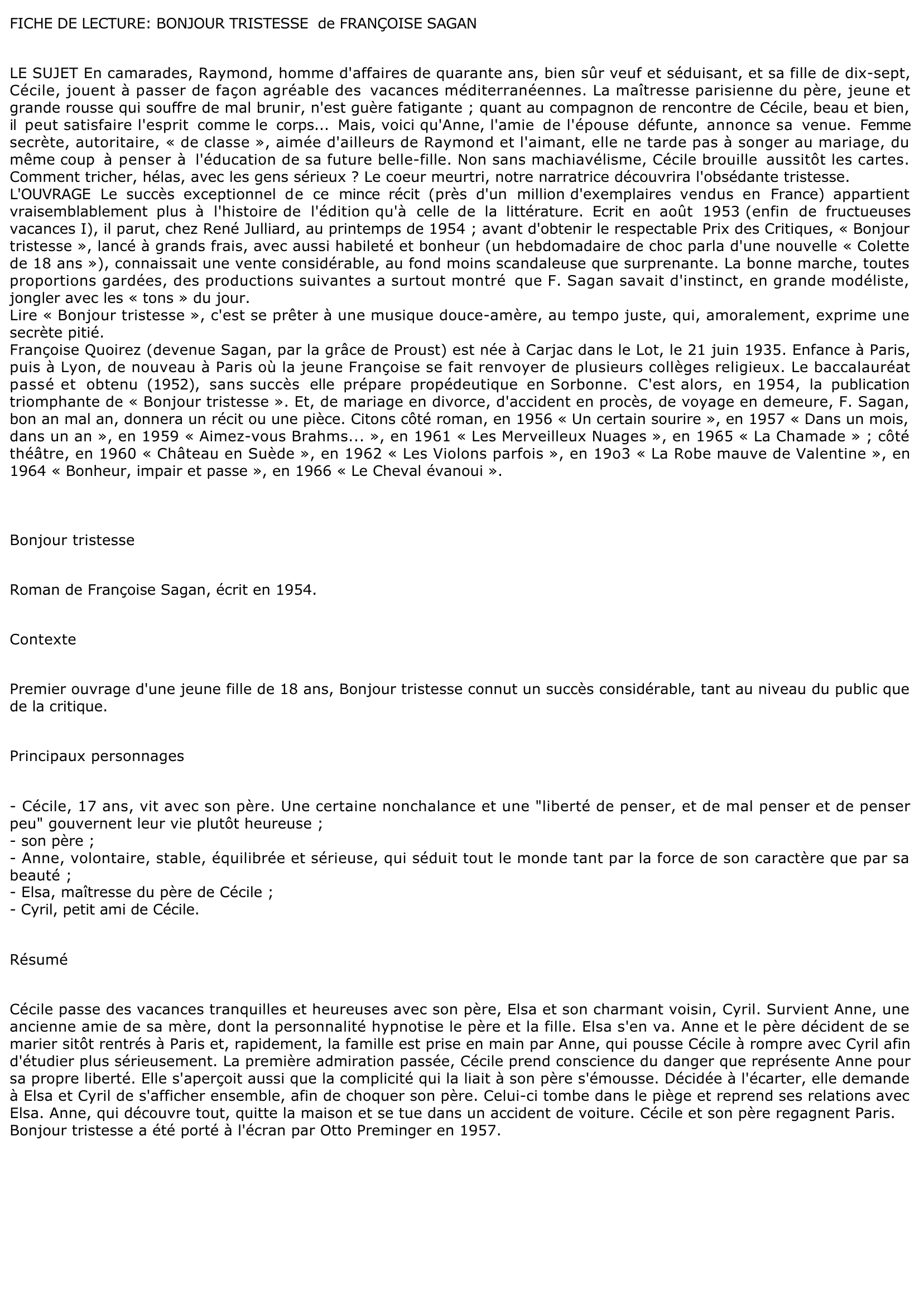 Prévisualisation du document BONJOUR TRISTESSE    Françoise Sagan - résumé de l'œuvre