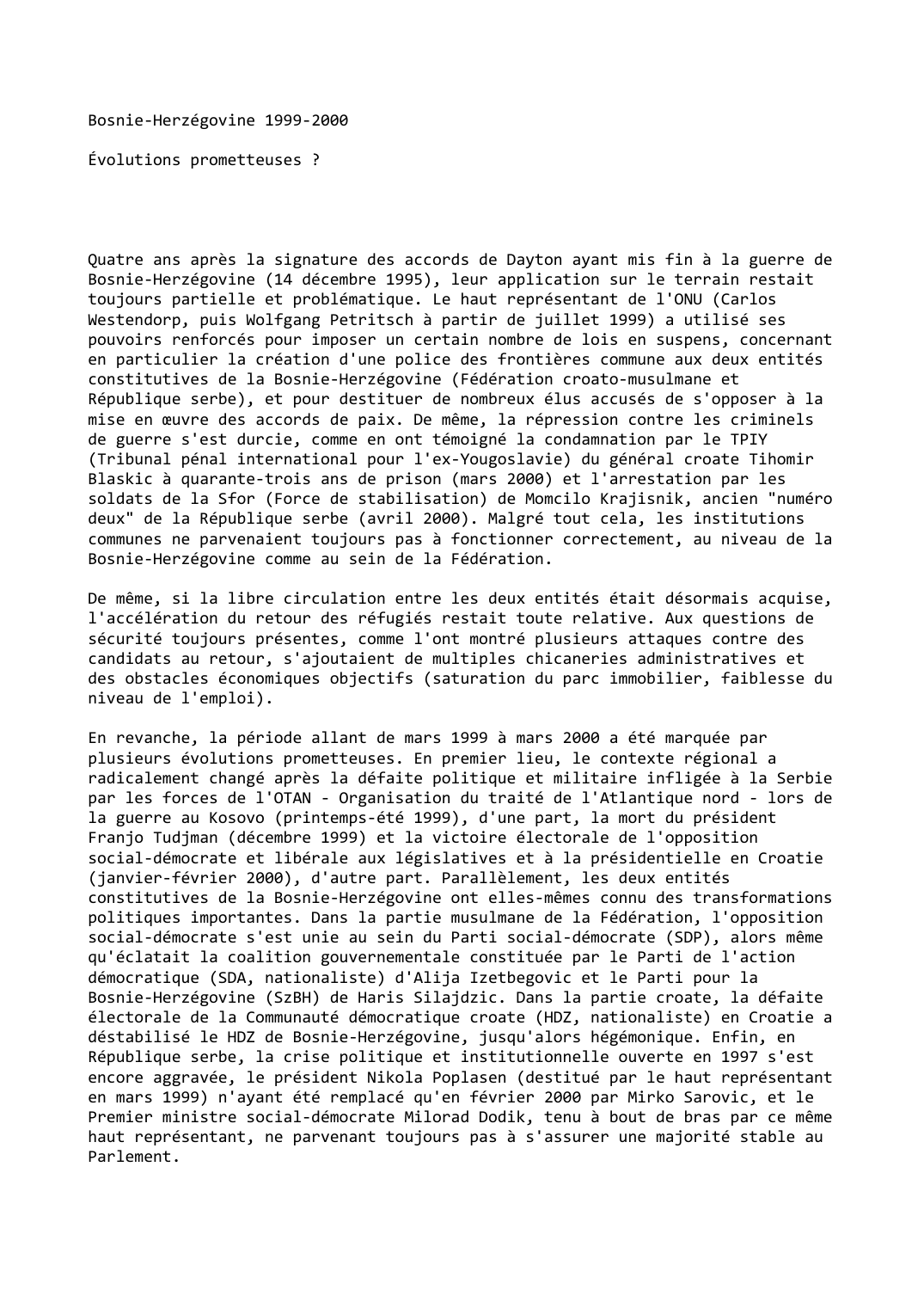 Prévisualisation du document Bosnie-Herzégovine (1999-2000): Évolutions prometteuses ?