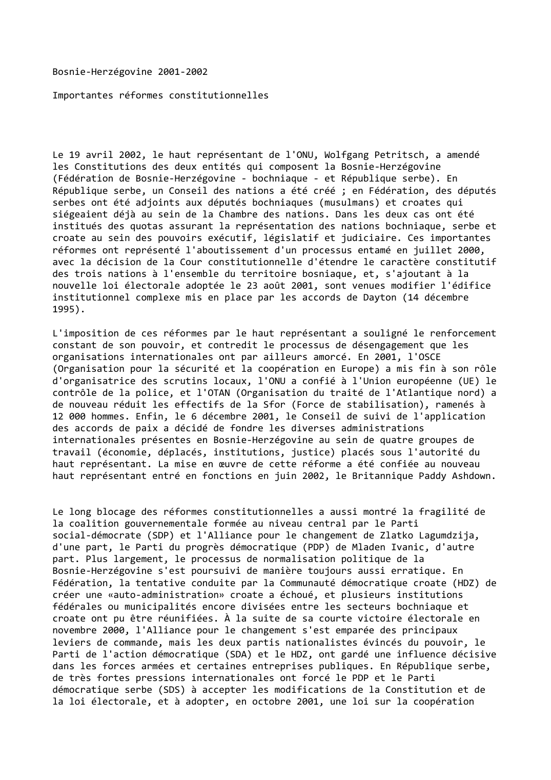 Prévisualisation du document Bosnie-Herzégovine (2001-2002) :Importantes réformes constitutionnelles