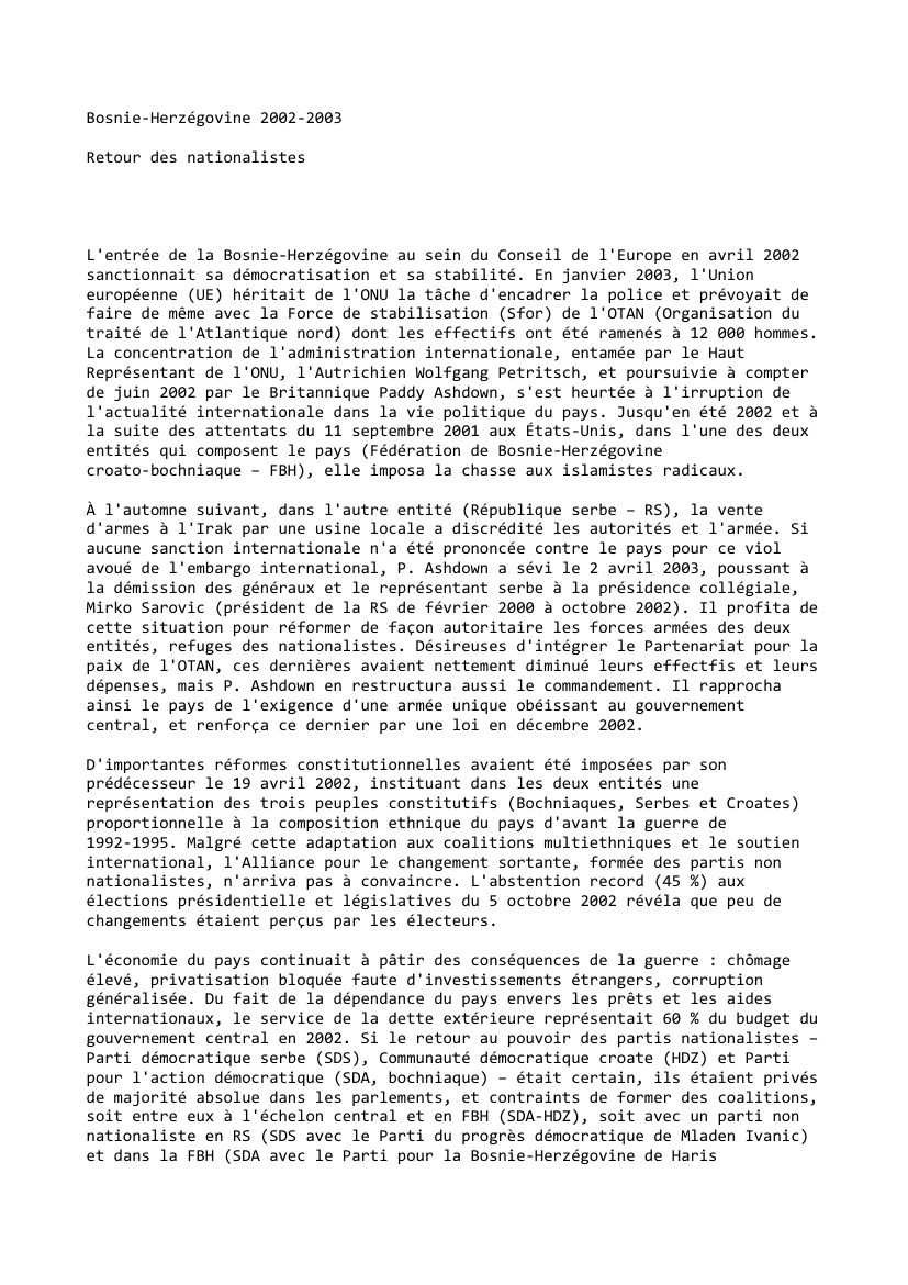 Prévisualisation du document Bosnie-Herzégovine (2002-2003): Retour des nationalistes