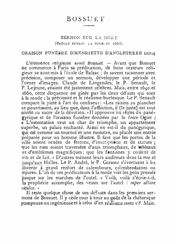 Prévisualisation du document BOSSU ET
SER
M0l'Ç SUR LA ).!OR 1'

(Pd:CUÉ

DEVAXl' LA COUR, E�:

t66z).

ORAISON FUNÈBRE D'HENRIE1vfE D'ANGLETERRE

L'éloquence l'eligieuse...