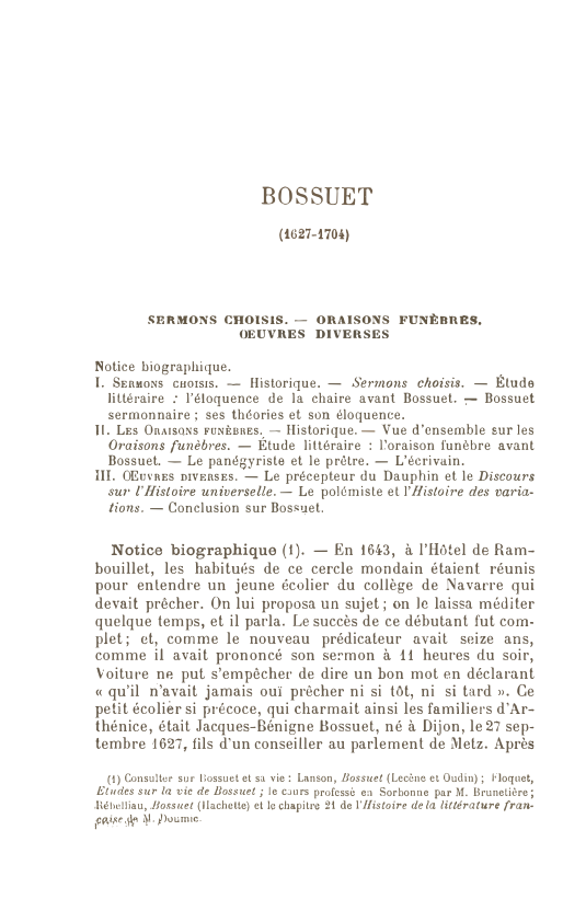 Prévisualisation du document BOSSUET (1627-1704) SERMONS CHOISIS. - ORAISONS FUNÈBRES. OEUVRES DIVERSES