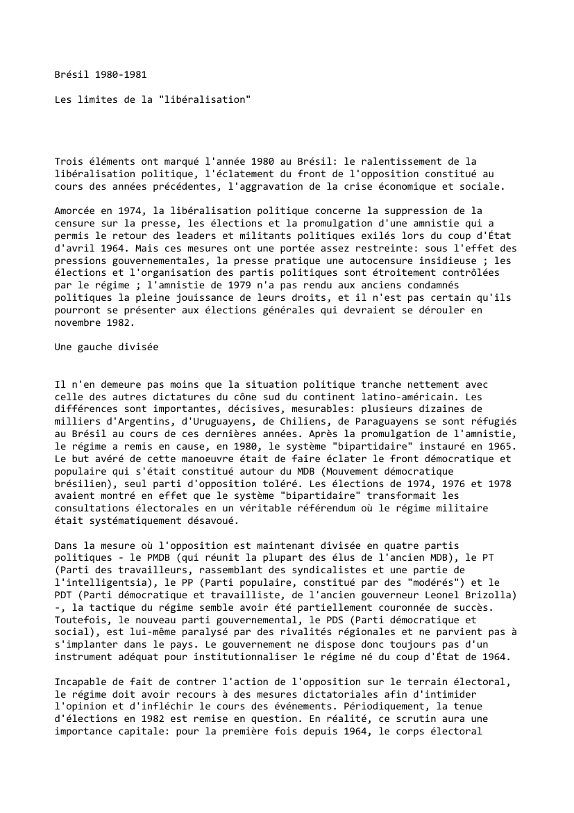 Prévisualisation du document Brésil (1980-1981): Les limites de la "libéralisation"