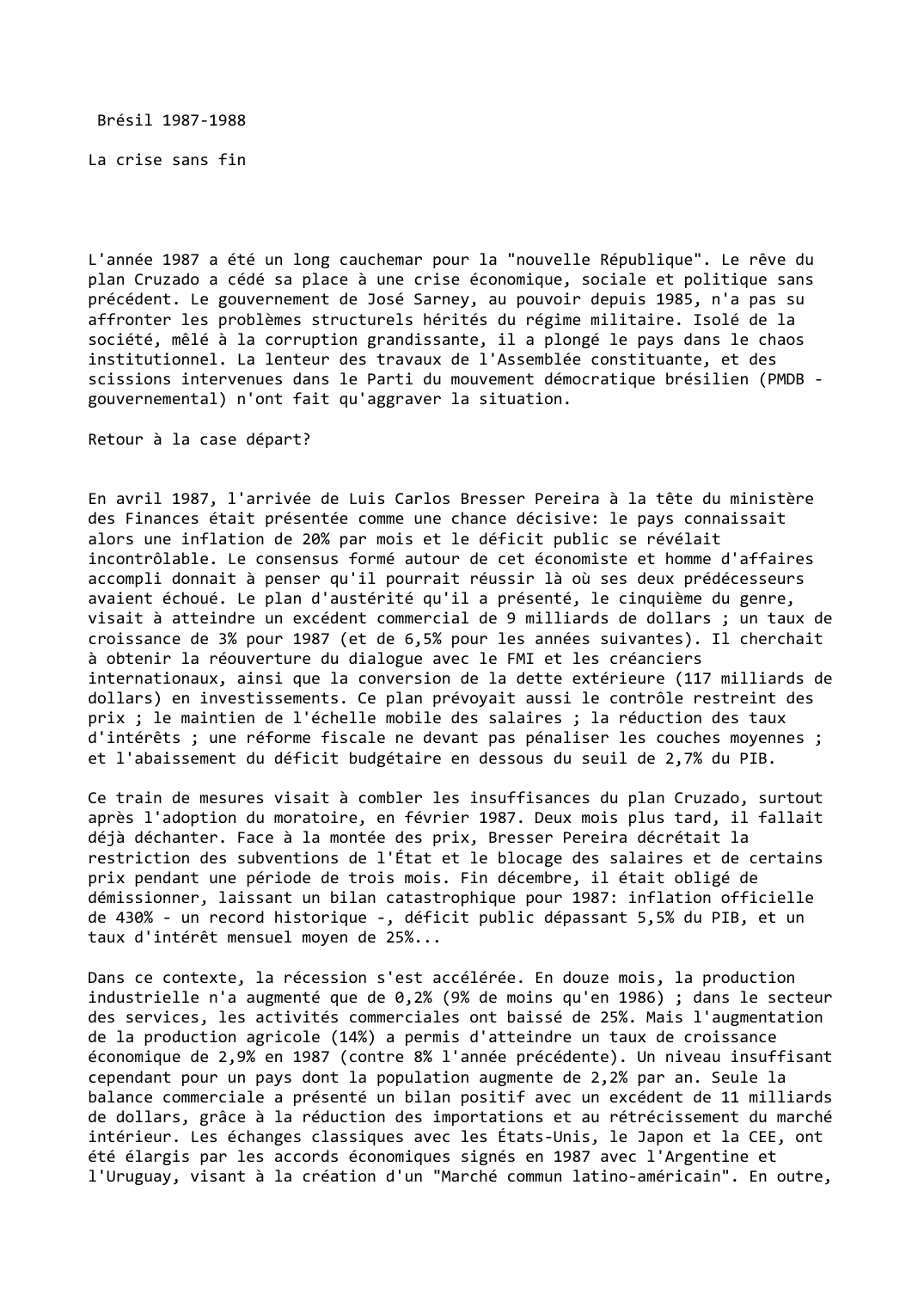 Prévisualisation du document Brésil (1987-1988) : La crise sans fin