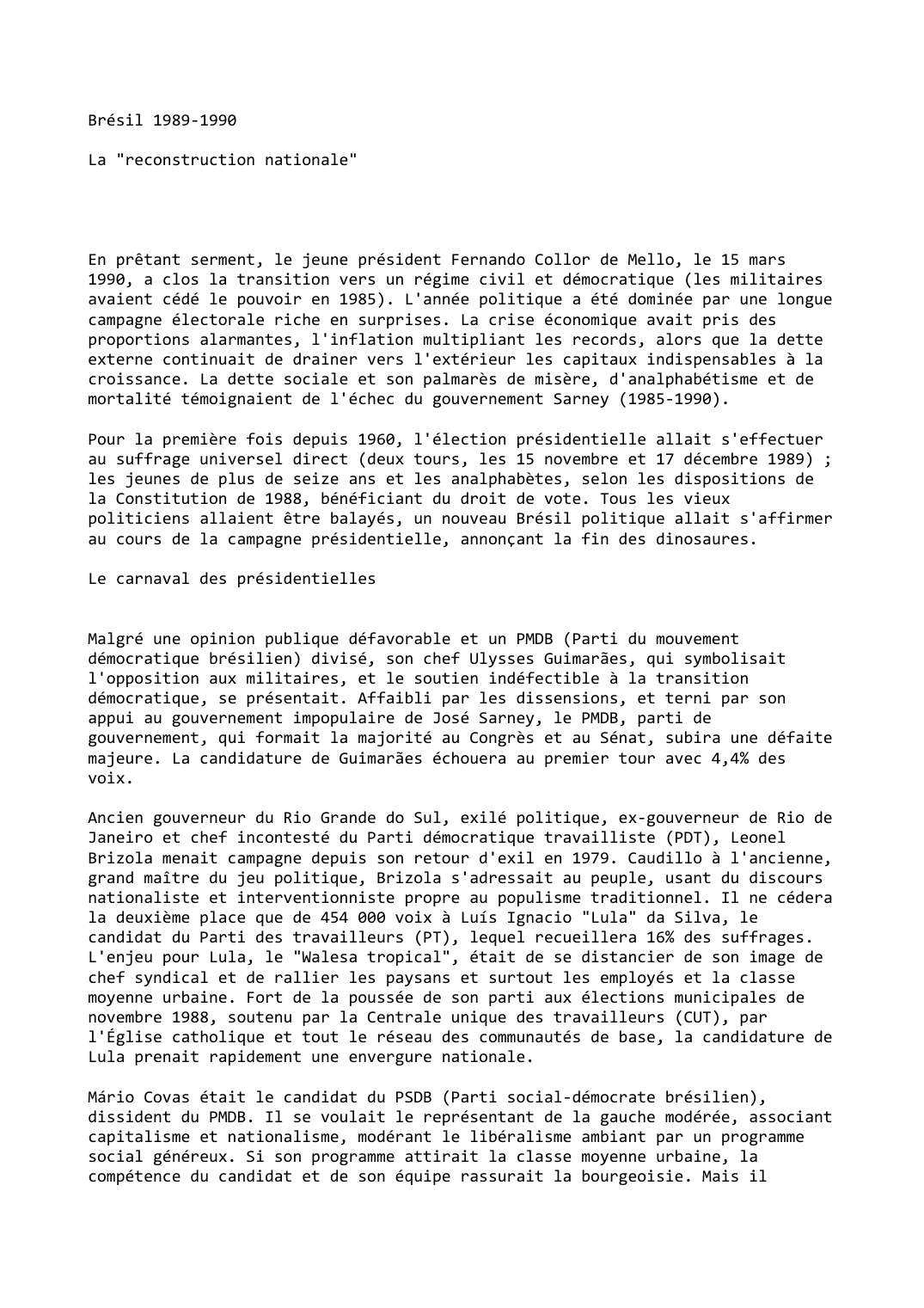 Prévisualisation du document Brésil (1989-1990): La "reconstruction nationale"