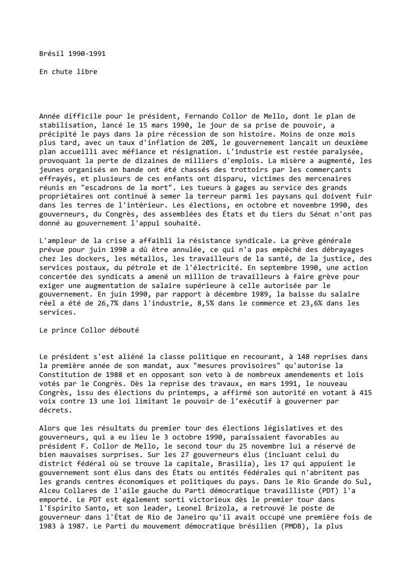 Prévisualisation du document Brésil (1990-1991) : En chute libre