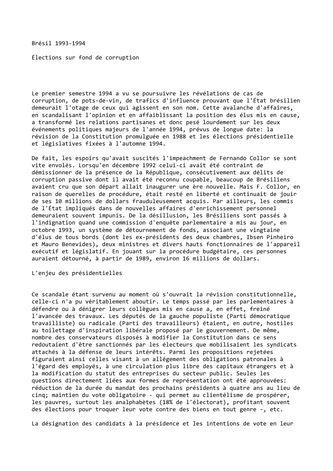 Prévisualisation du document Brésil (1993-1994): Élections sur fond de corruption